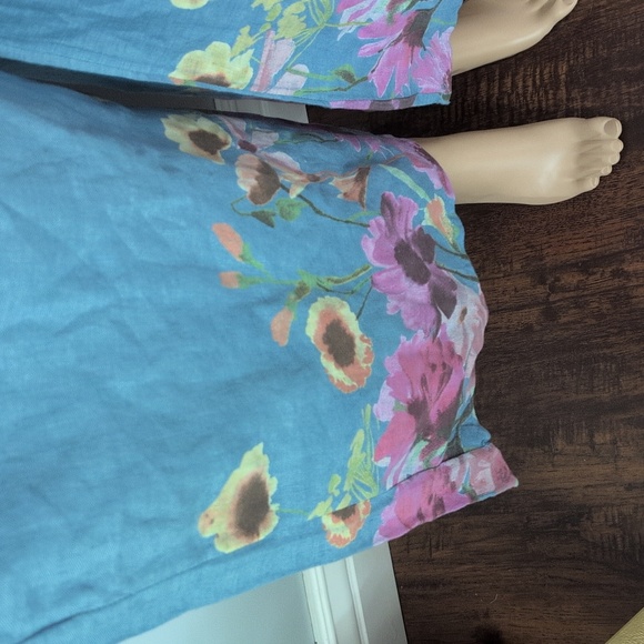 BOHO Me & Gee Linen Blue Floral Wide-Leg Pants with Pockets SZ M Made in Italy - Picture 7 of 16